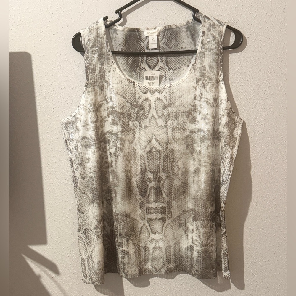 Chicos Neutral Batik Sequined Snake Print Tank Top Sage Green and Cream - Picture 2 of 9
